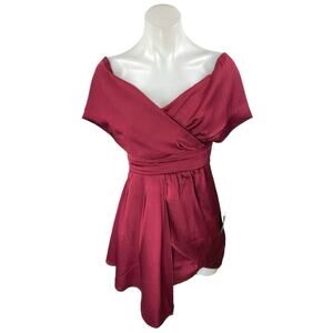 NEW Lulus Red Satin Silk Off The Shoulder Faux Wrap A Line Mini Dress Size XS